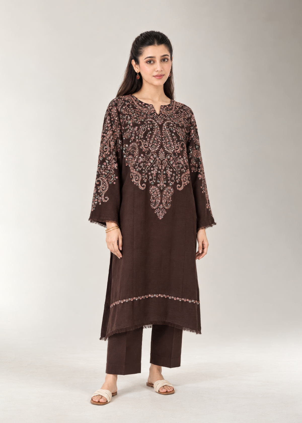 Brown Embroidered Karandi 2 PC Suit