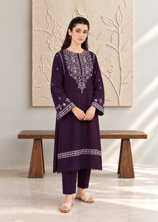 Purple Embroidered Karandi 2 PC Suit