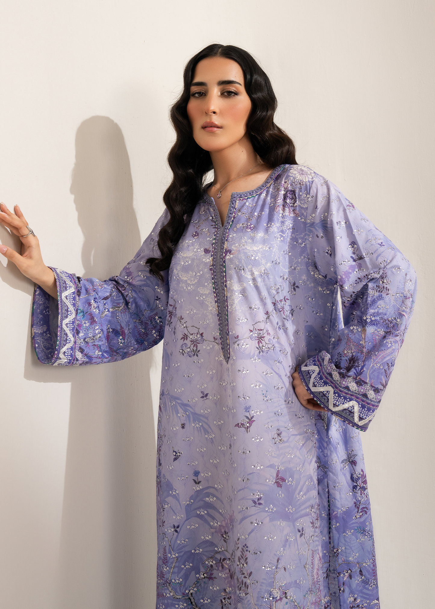 Lavender Printed Embroidered Shirt