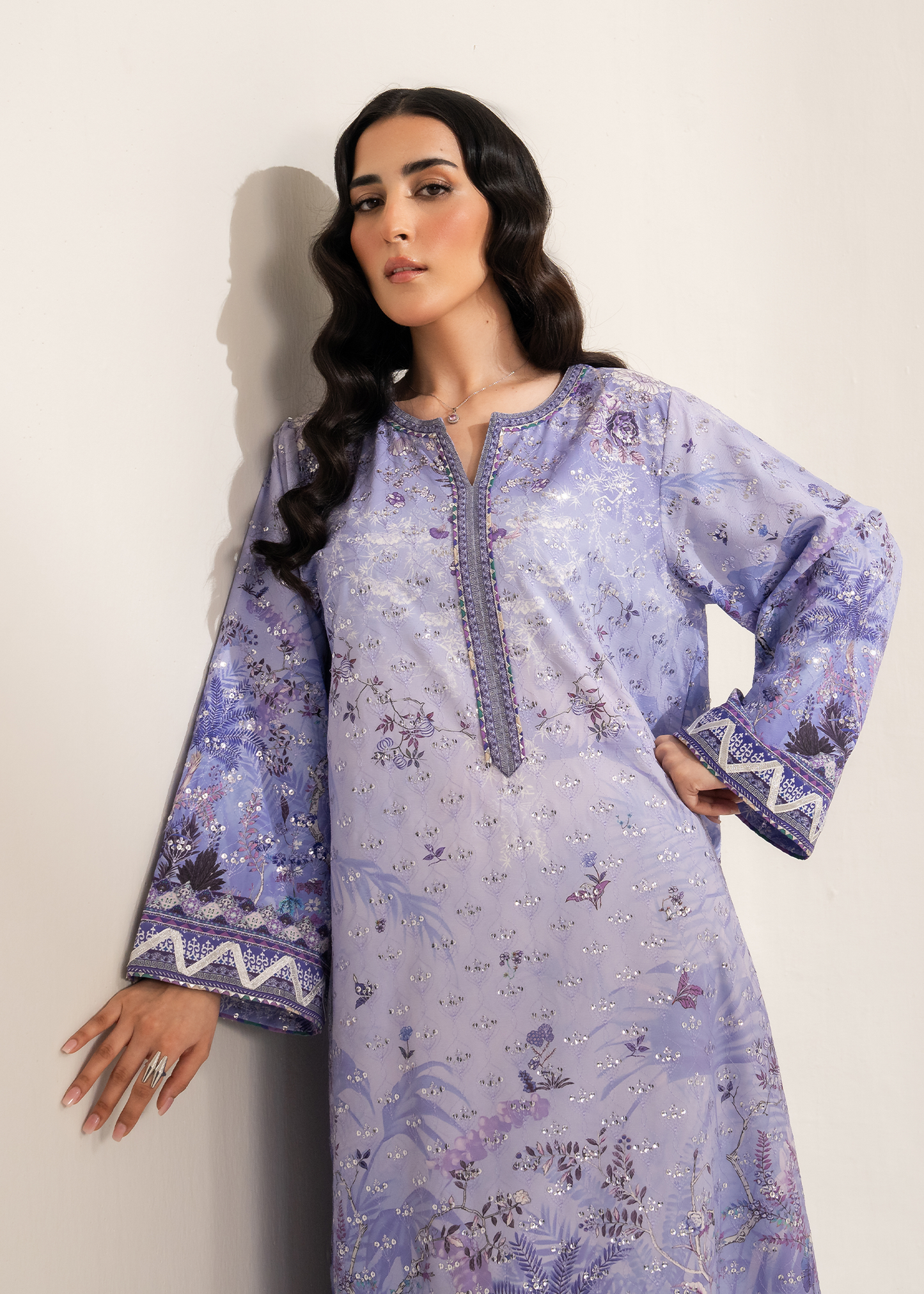 Lavender Printed Embroidered Shirt