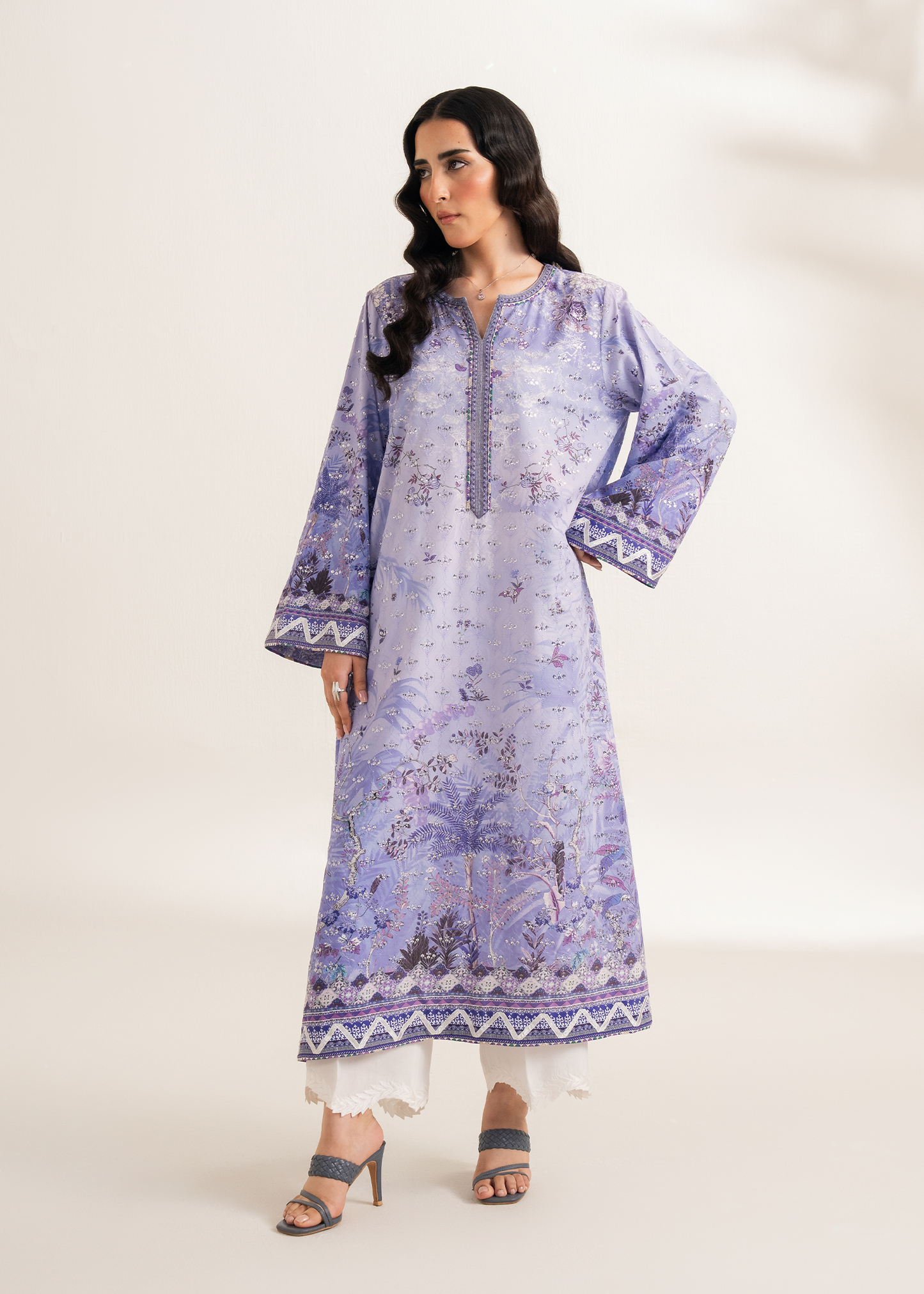 Lavender Printed Embroidered Shirt