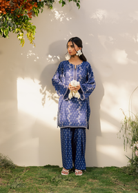 Navy Blue Printed Embroidered Suit