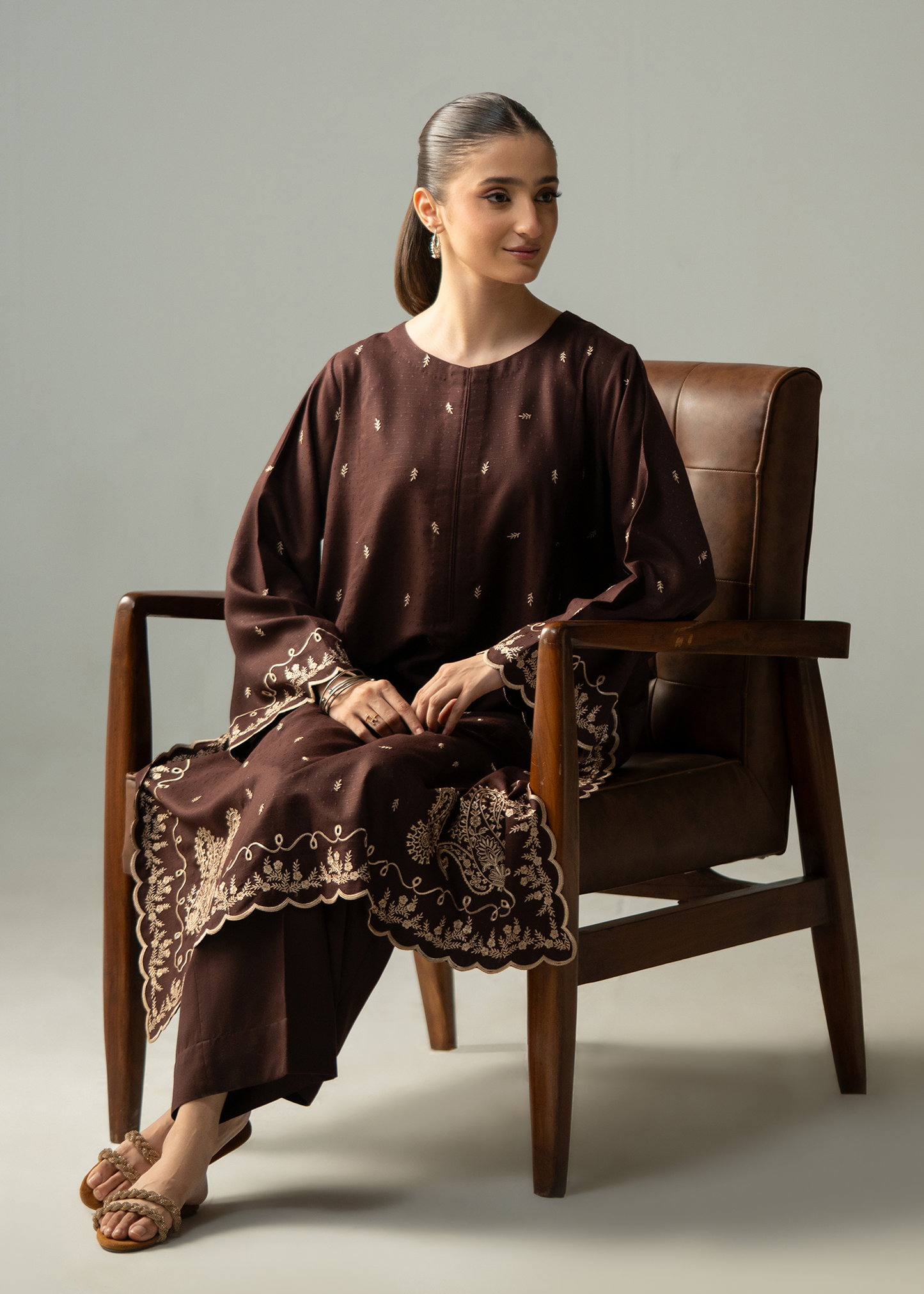 Dark Brown Embroidered Dhanak Suit