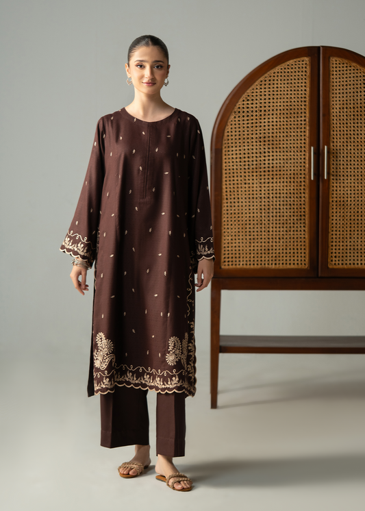 Dark Brown Embroidered Dhanak Suit