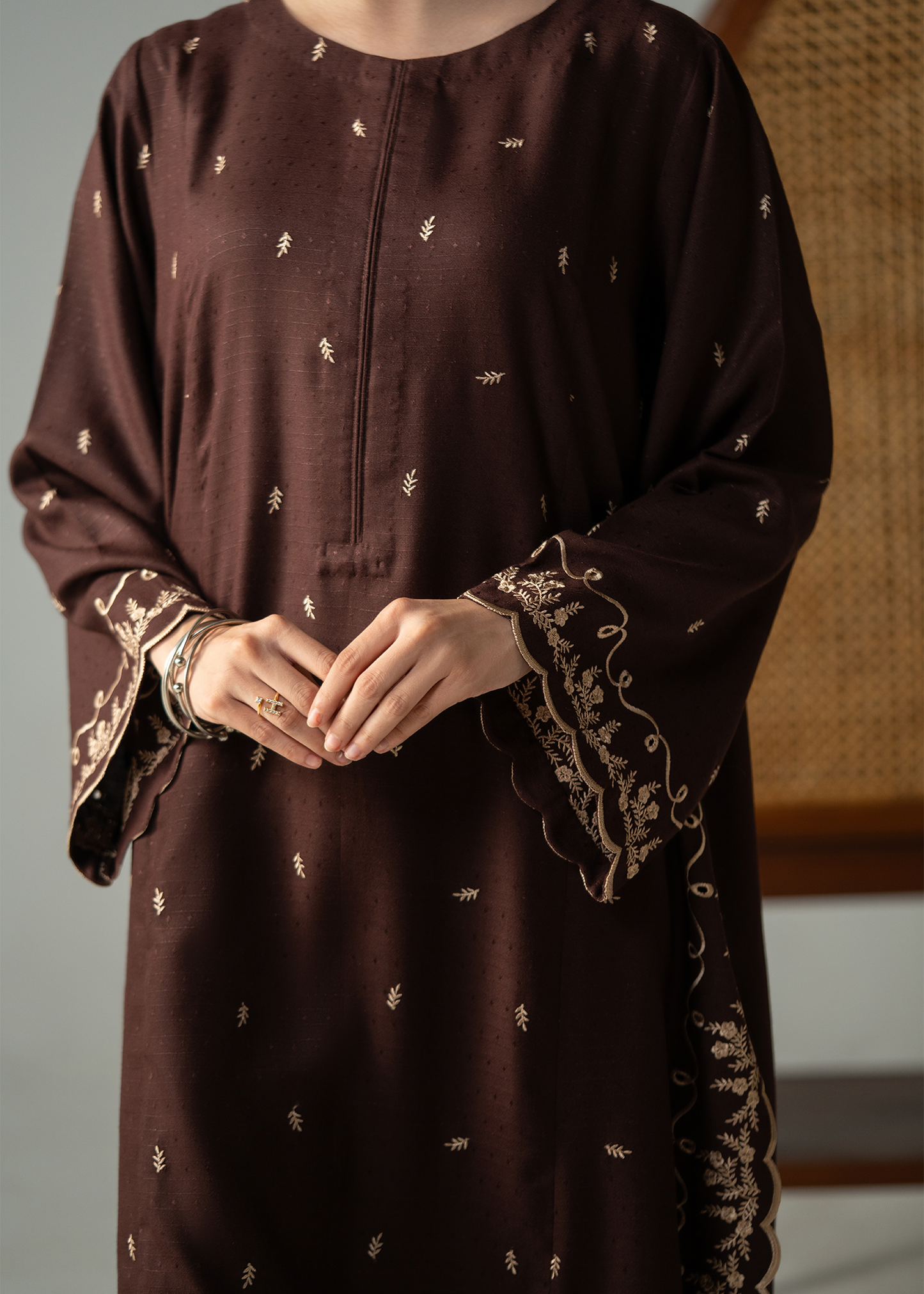 Dark Brown Embroidered Dhanak Suit