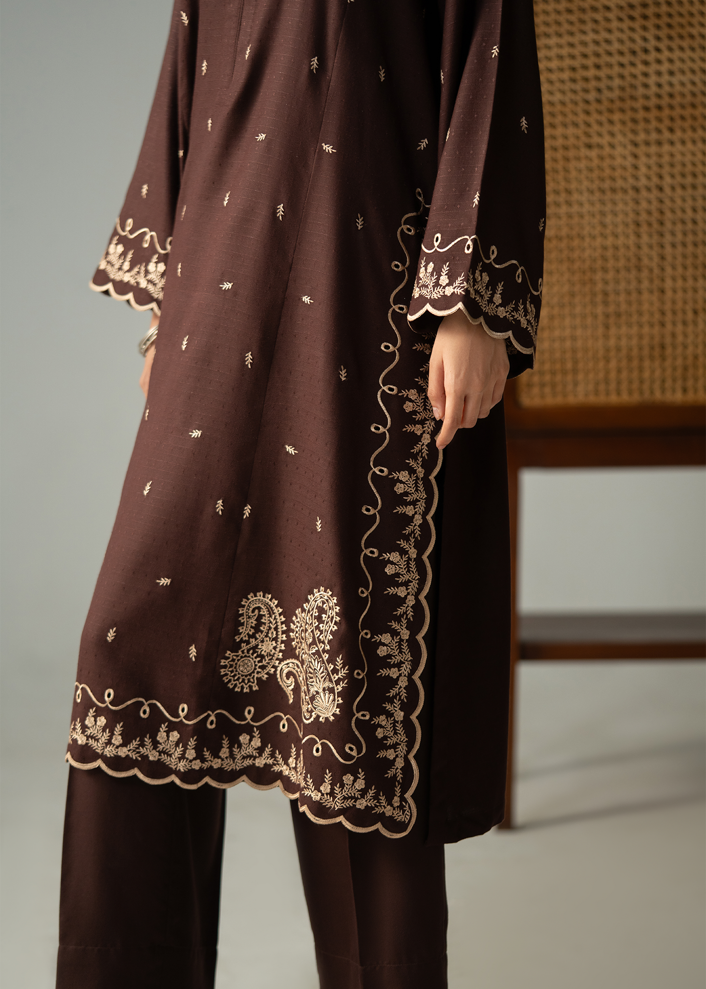 Dark Brown Embroidered Dhanak Suit