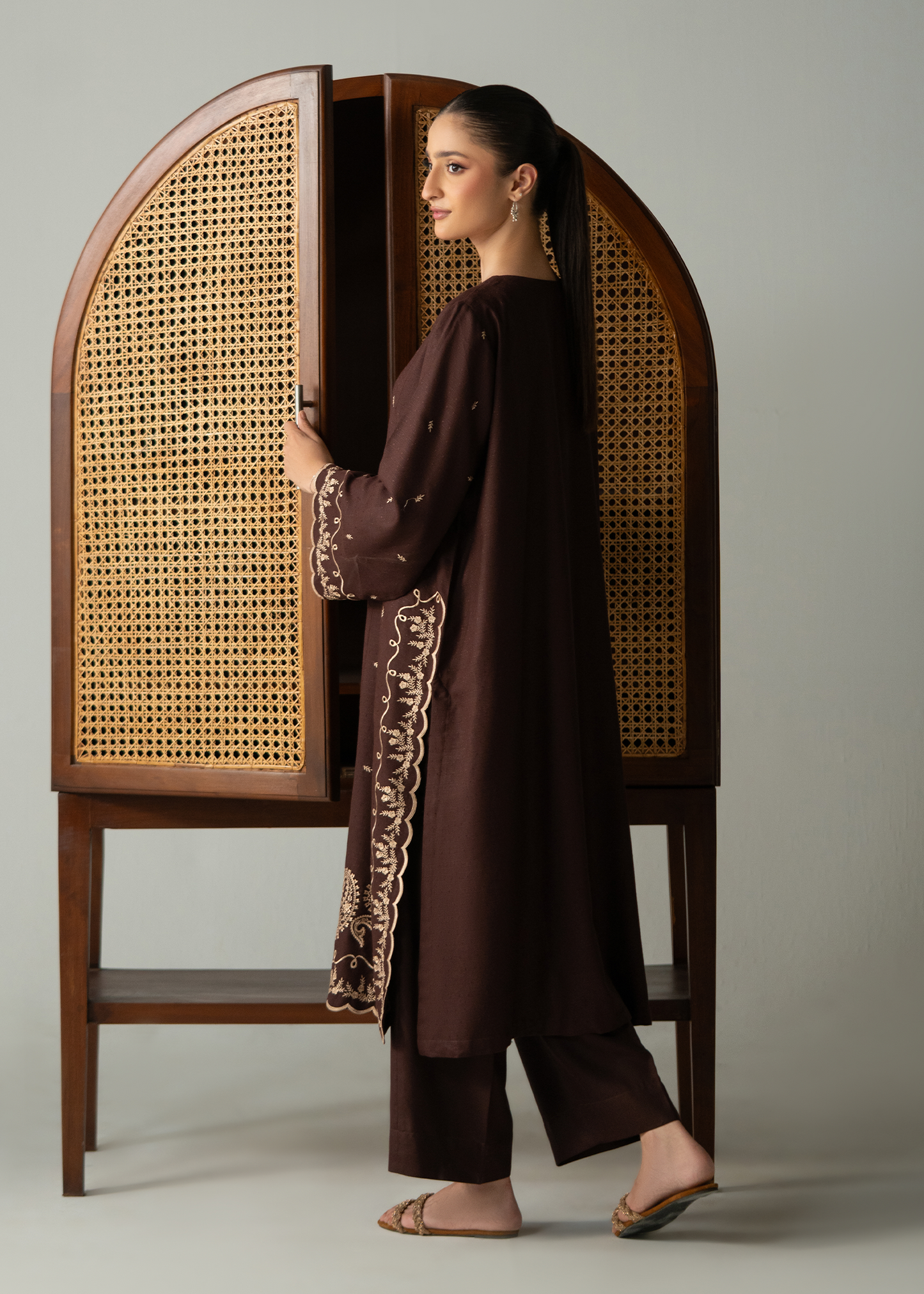 Dark Brown Embroidered Dhanak Suit