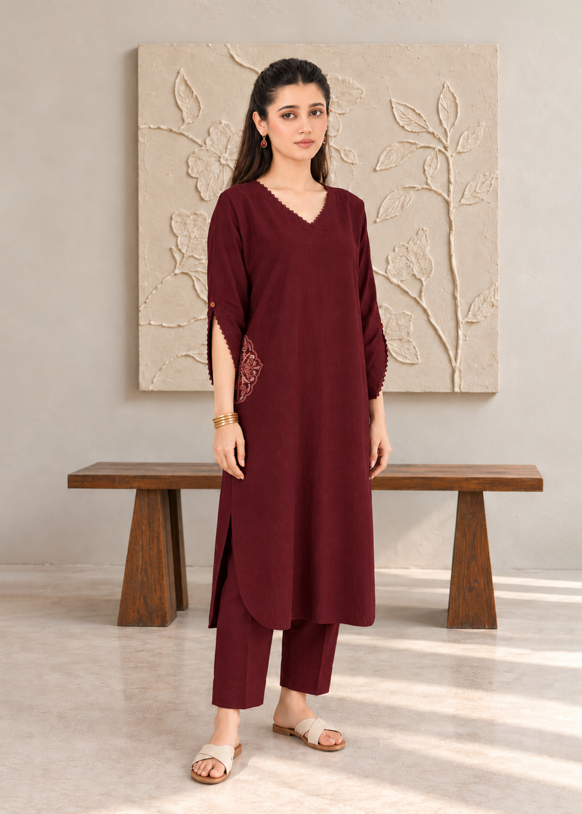 Maroon Embroidered Karandi 2 PC Suit