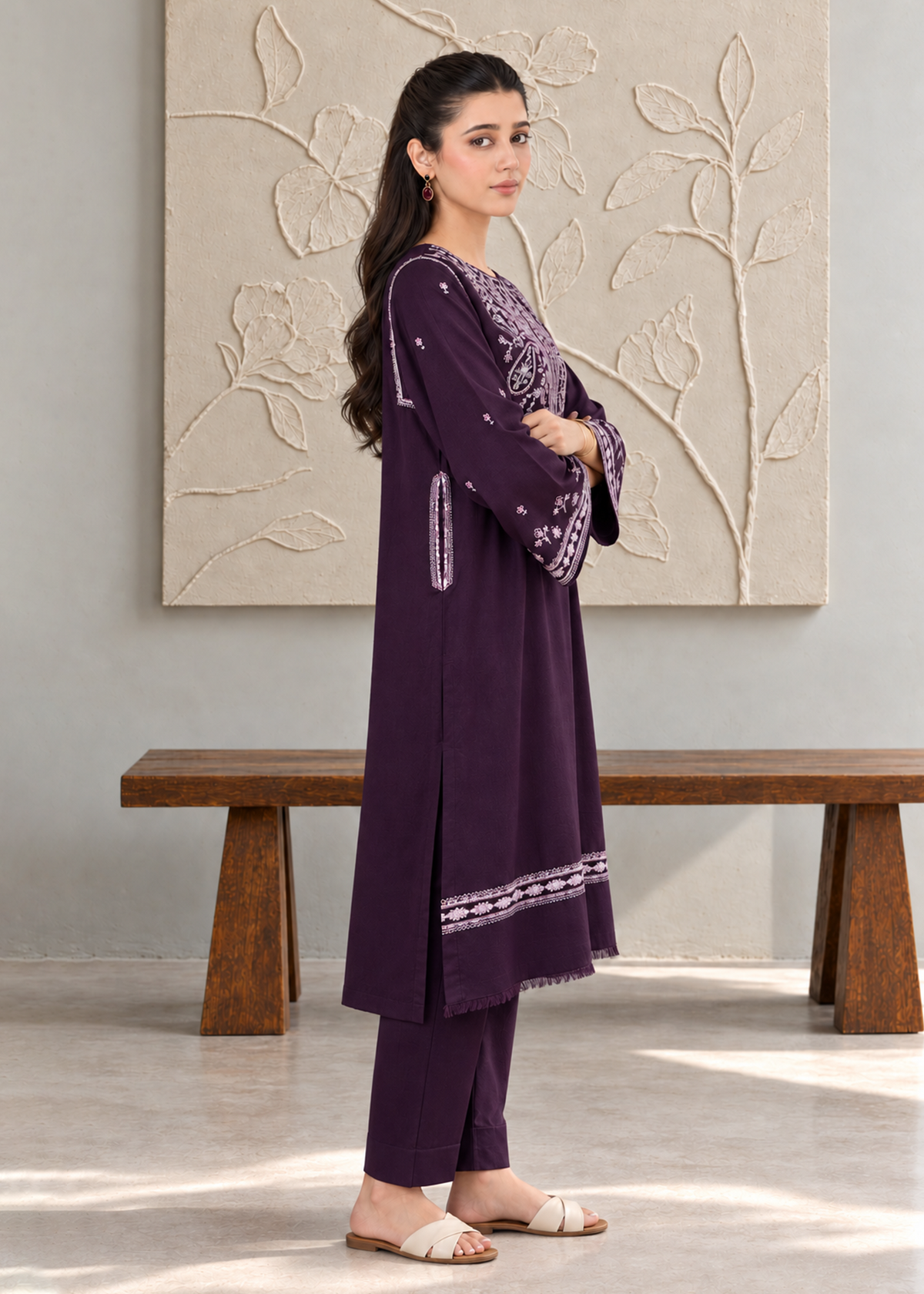 Purple Embroidered Karandi 2 PC Suit