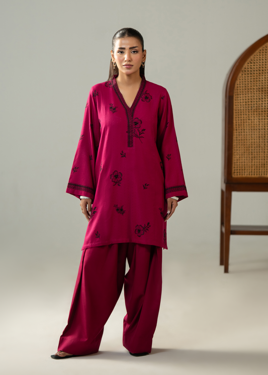 Fuchsia Pink Embroidered Dhanak Suit