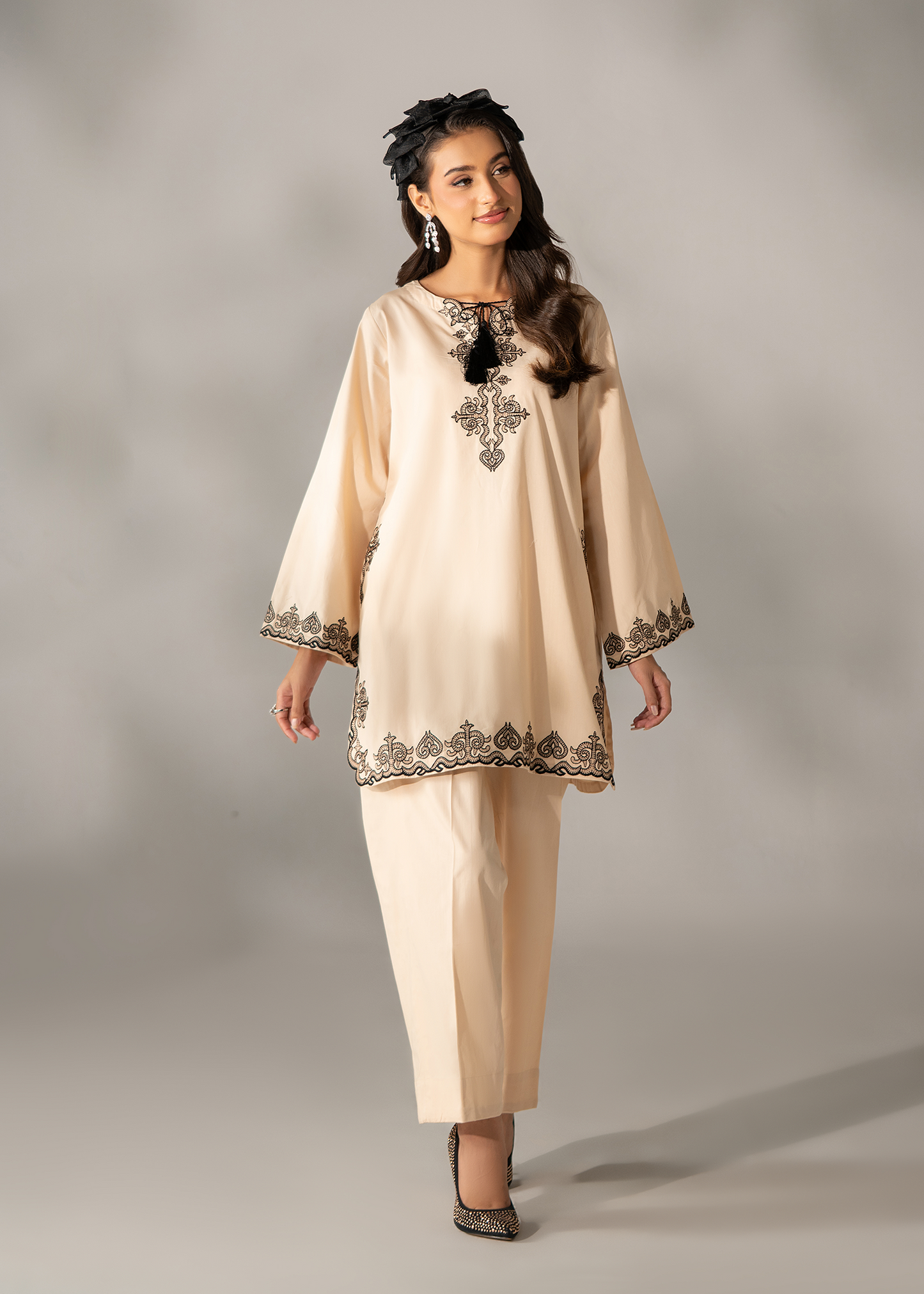 Tan Biege Embroidered Co-ord set