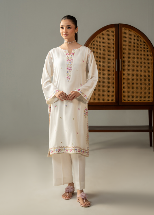 White Embroidered Dhanak Suit