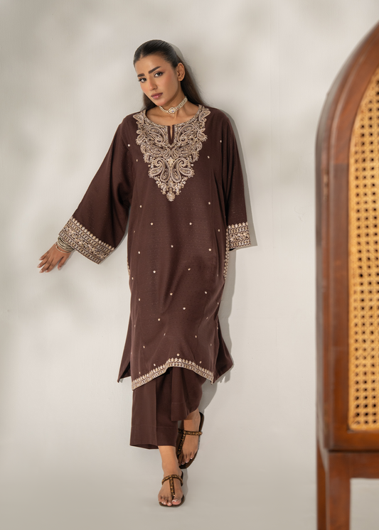 Brown Embroidered Dhanak Suit