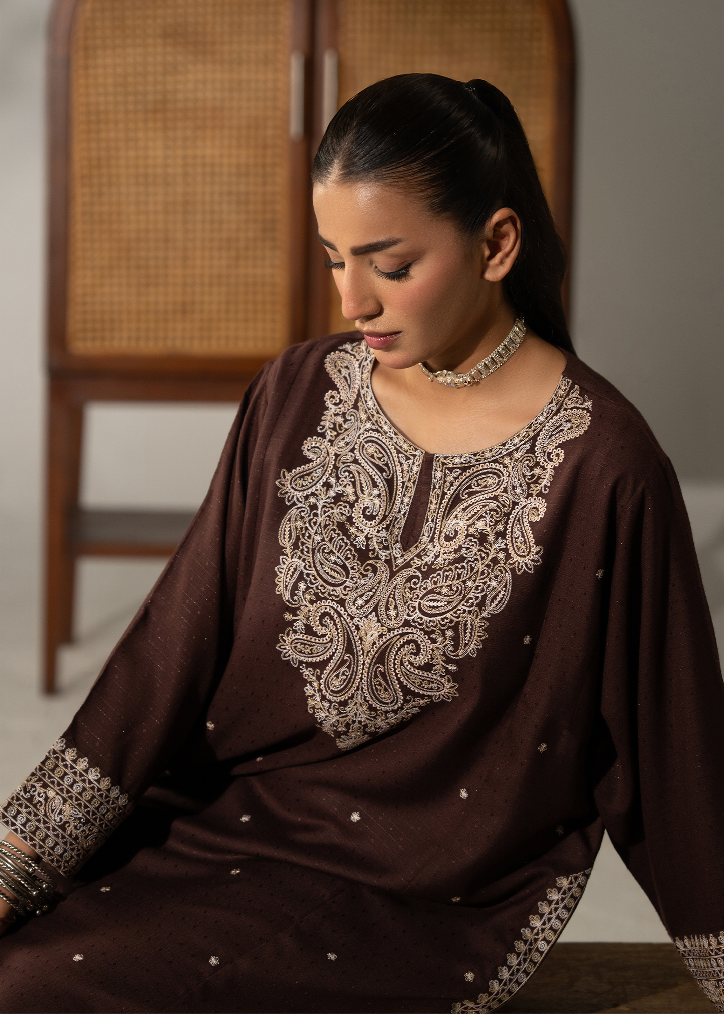 Brown Embroidered Dhanak Suit