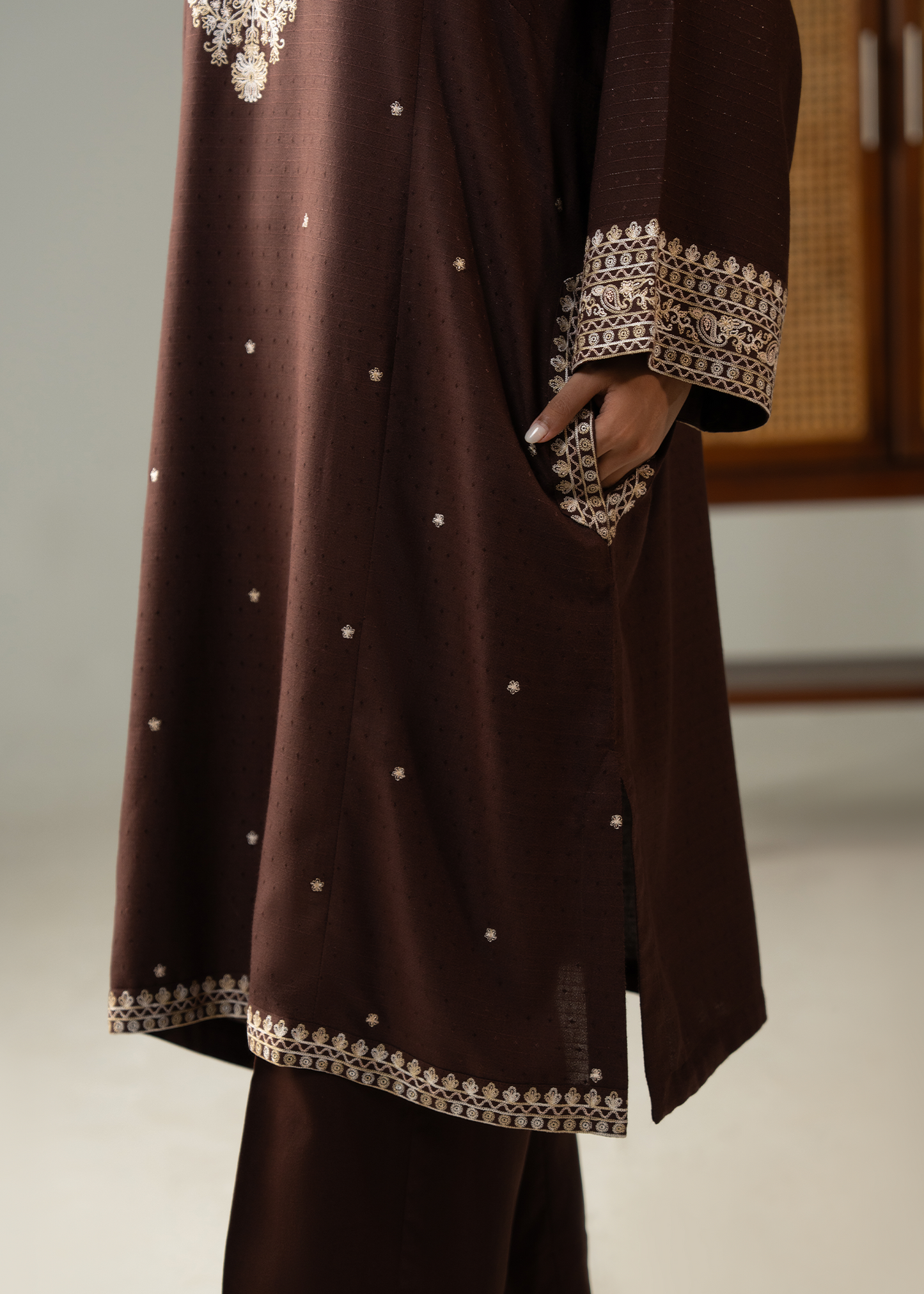 Brown Embroidered Dhanak Suit