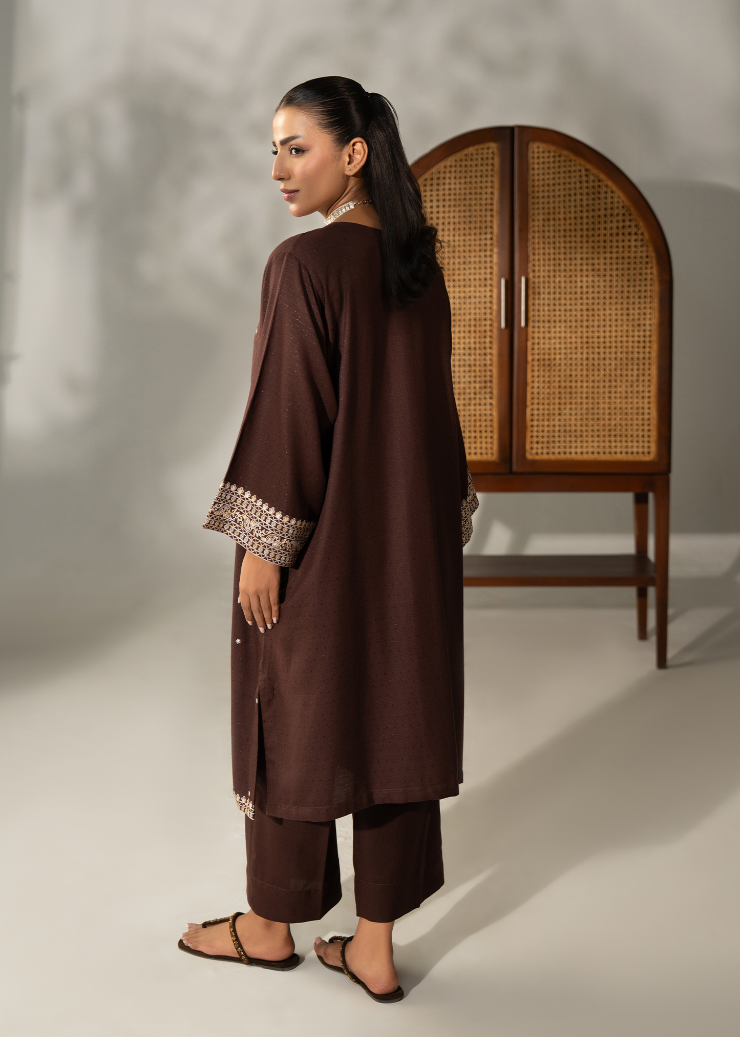 Brown Embroidered Dhanak Suit