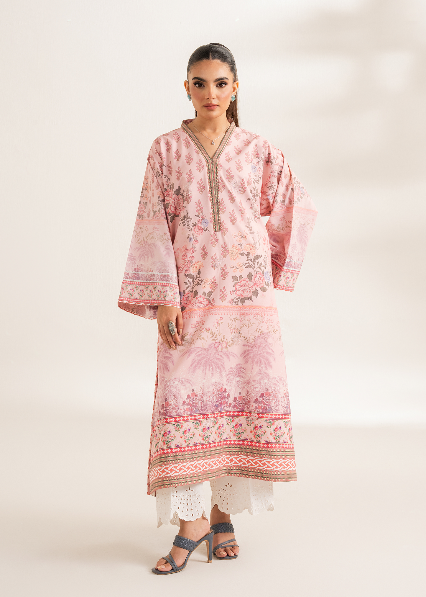 Pink Printed Embroidered Shirt