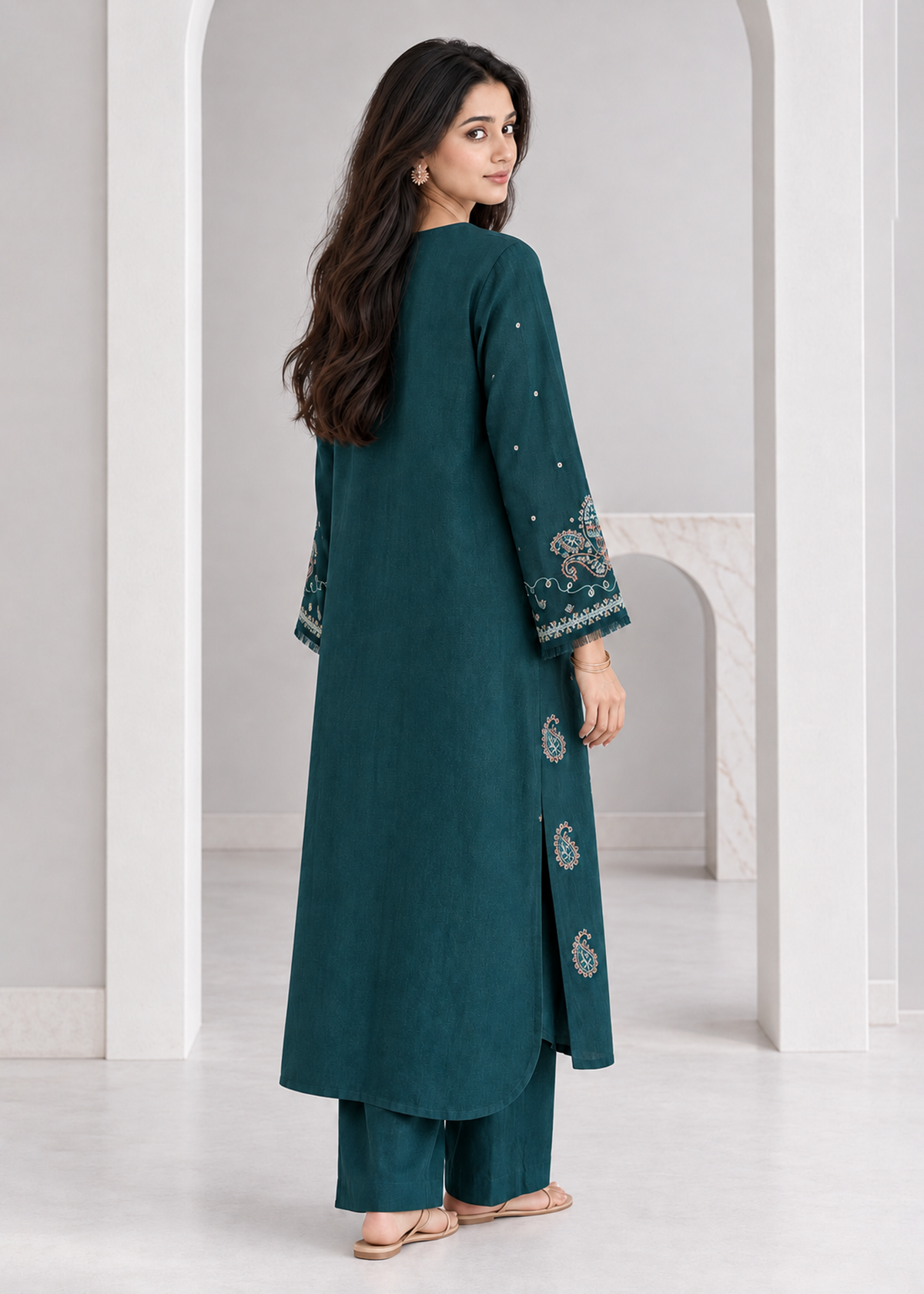 Teal Green Embroidered Karandi 2 PC Suit