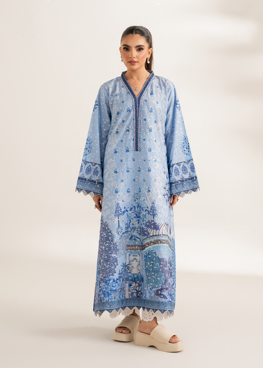 Blue Printed Embroidered Shirt