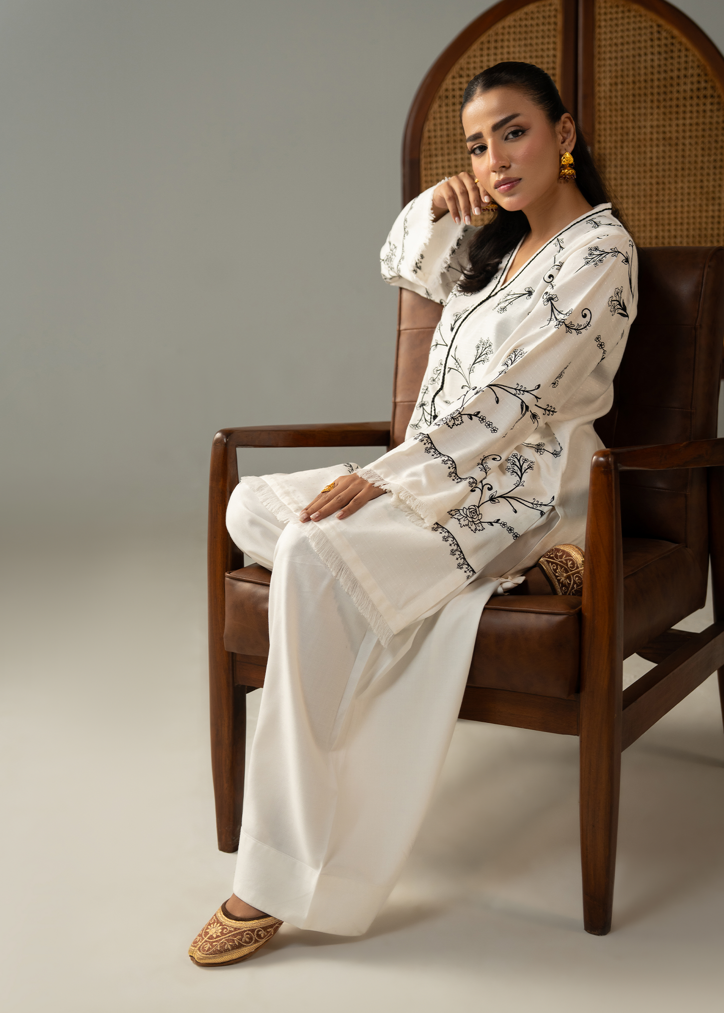 White And Black Embroidered Dhanak Suit