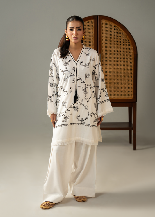 White And Black Embroidered Dhanak Suit