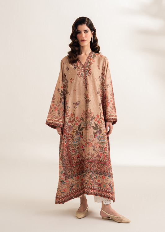 Beige Printed Embroidered Shirt