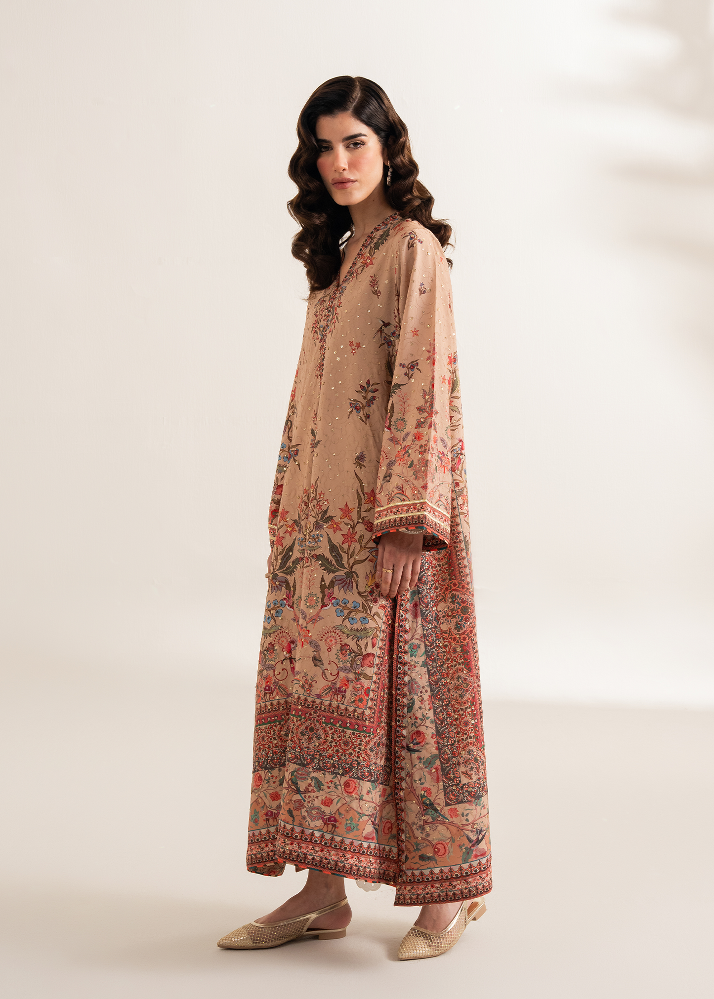 Beige Printed Embroidered Shirt