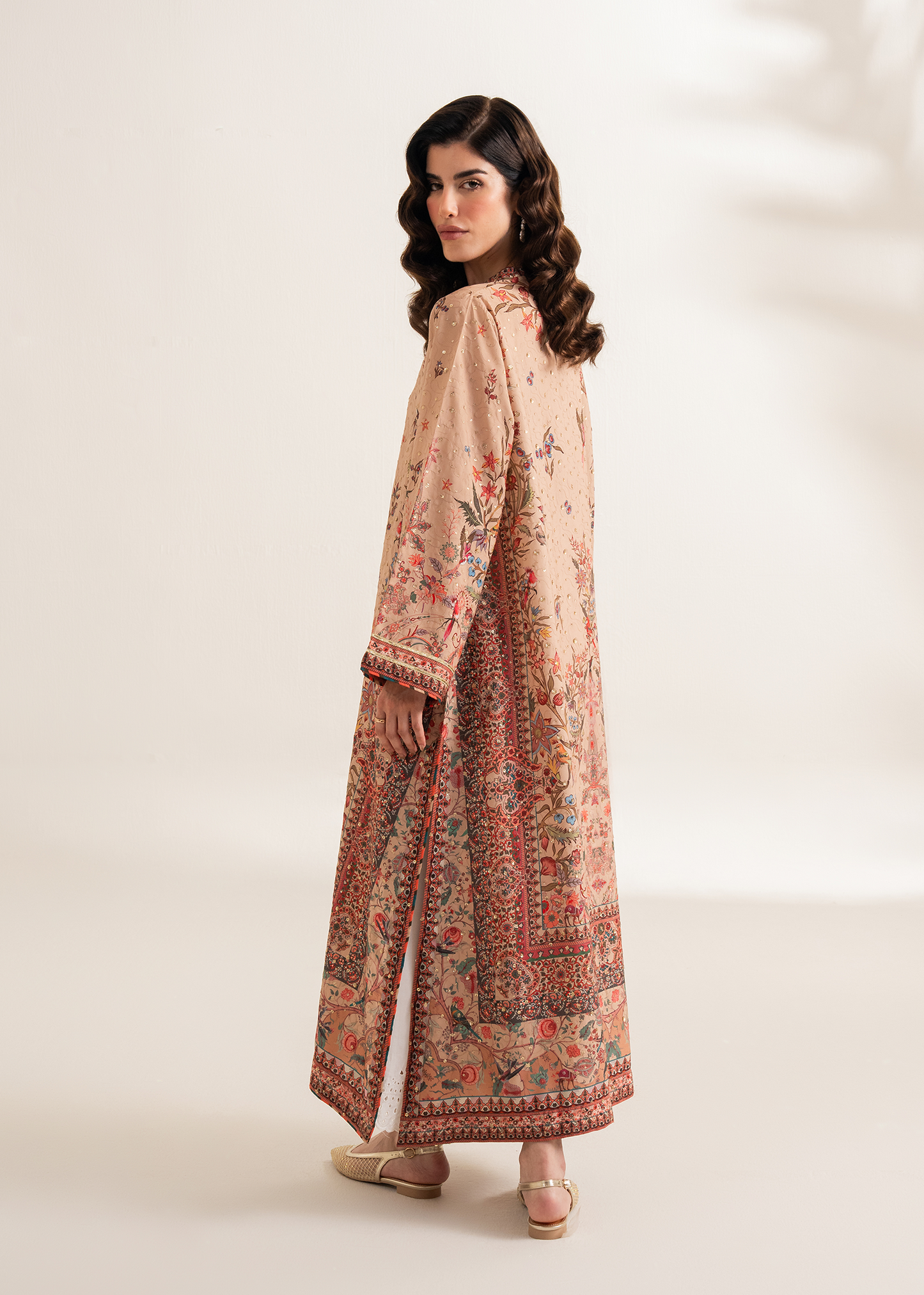 Beige Printed Embroidered Shirt