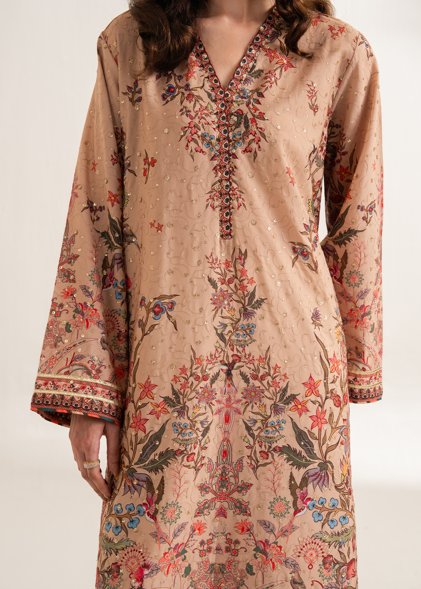 Beige Printed Embroidered Shirt