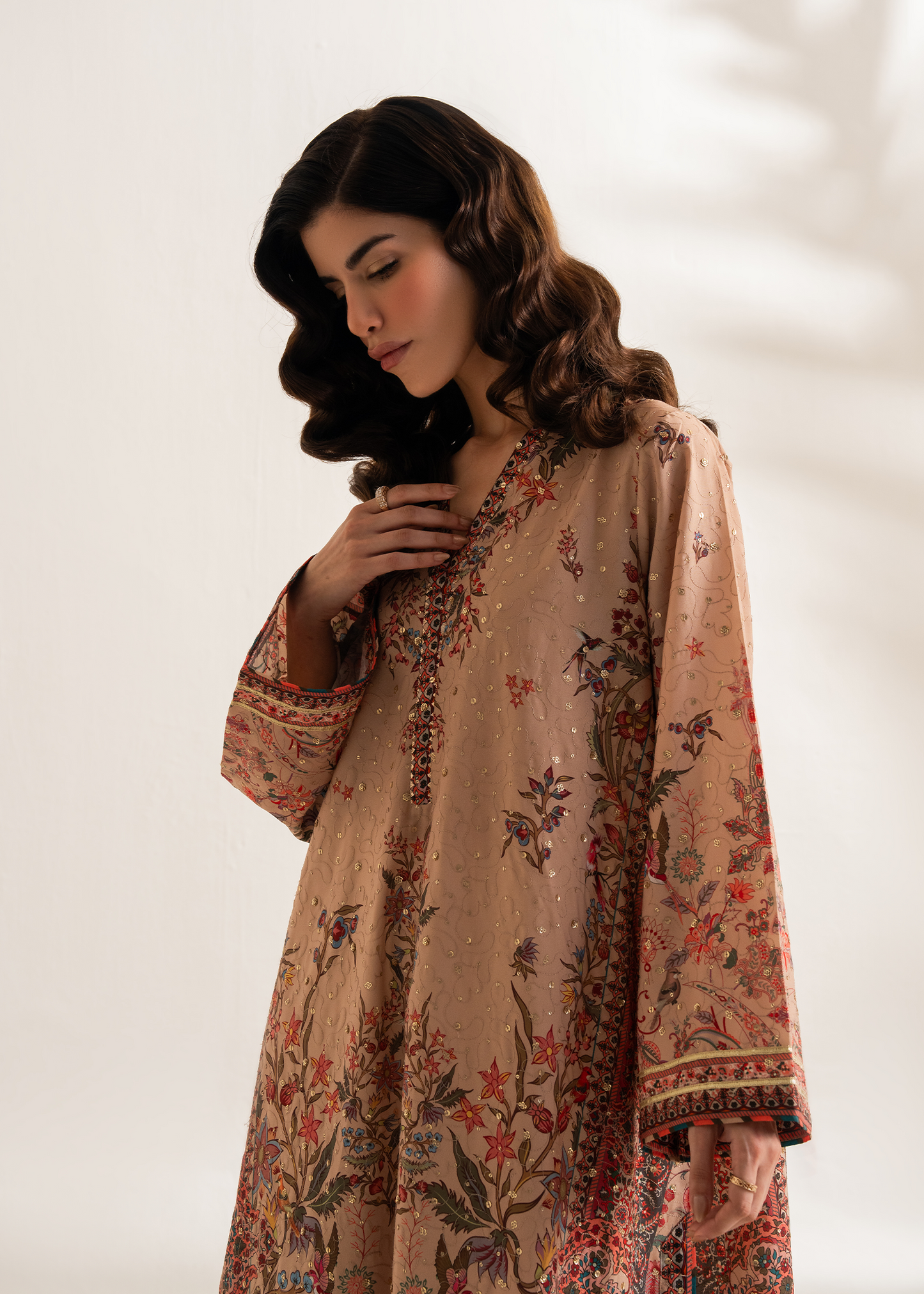 Beige Printed Embroidered Shirt