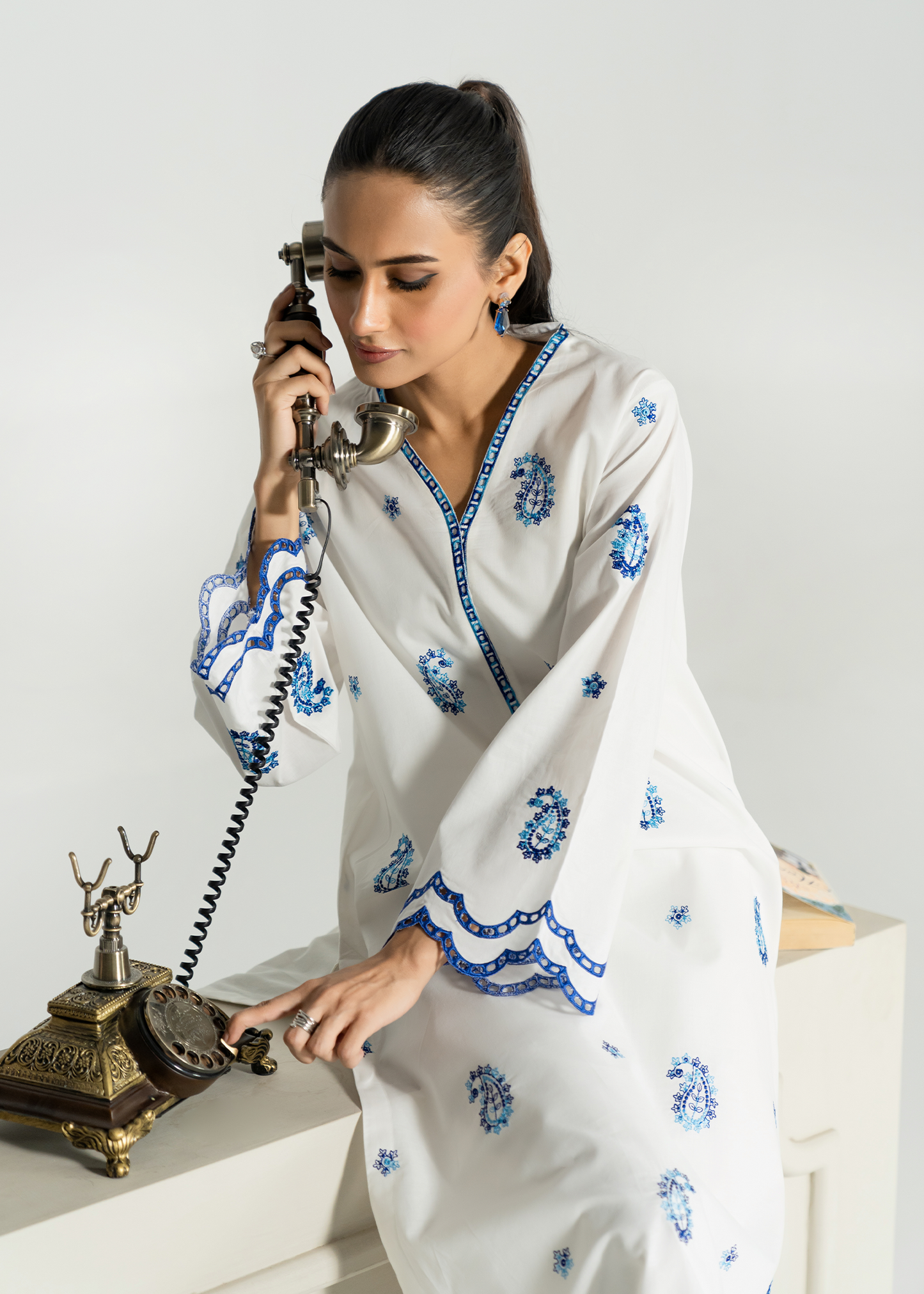 White and Blue Embroidered Suit