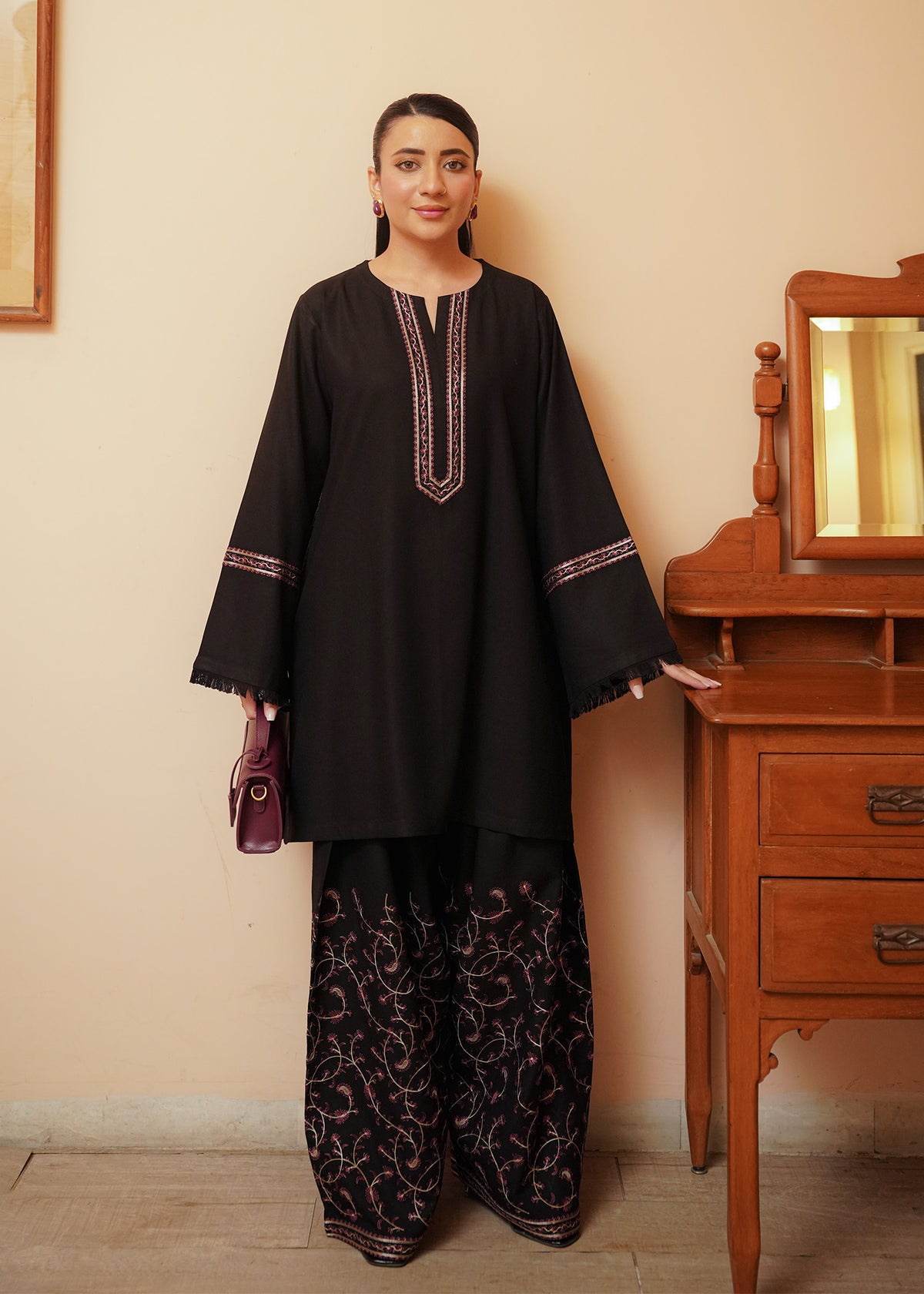Black Embroidered Marina 2 PC Suit
