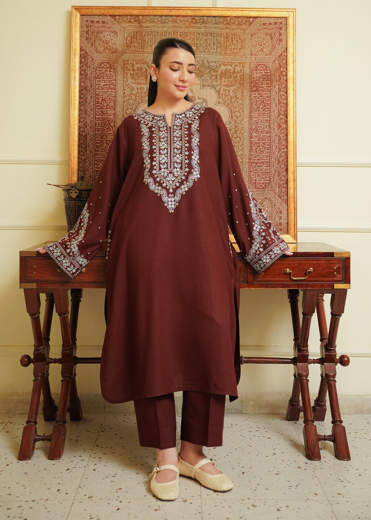 Brown Embroidered Marina 2 PC Suit