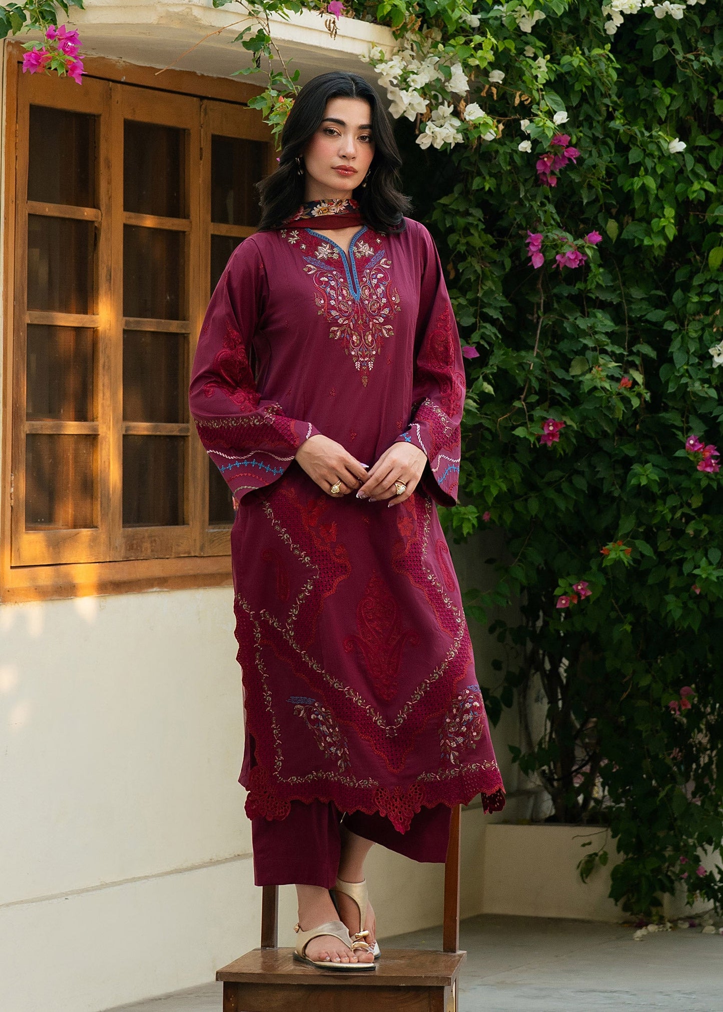Lia Maroon Festive Lawn