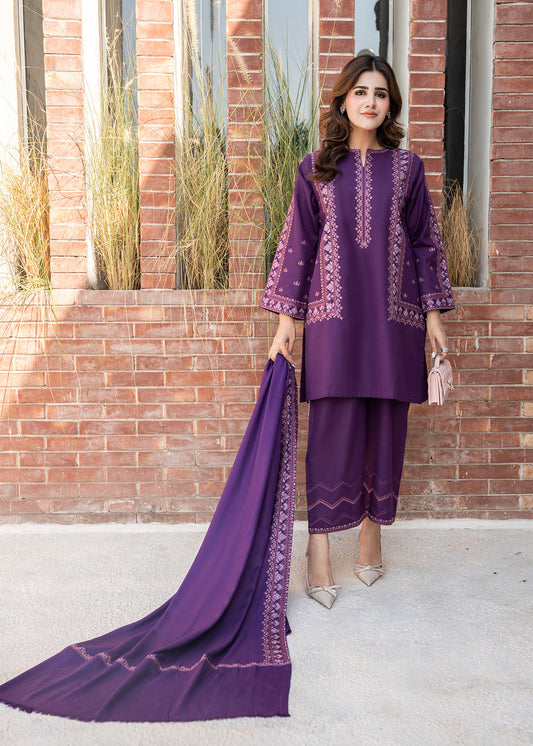 Plum Purple Embroidered Khaddar Suit