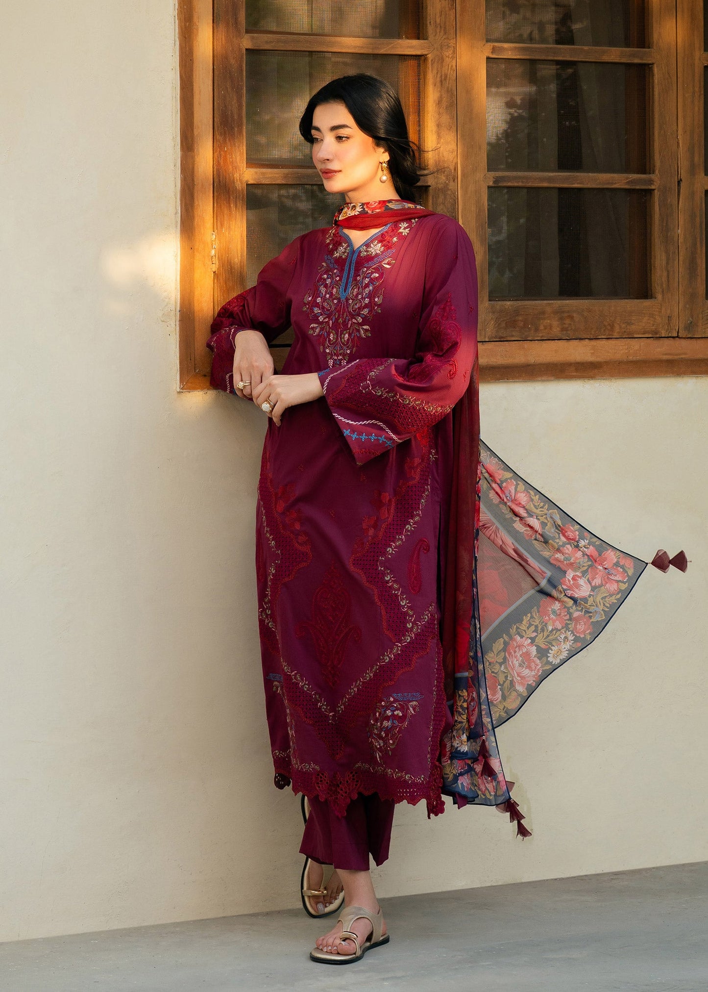 Lia Maroon Festive Lawn