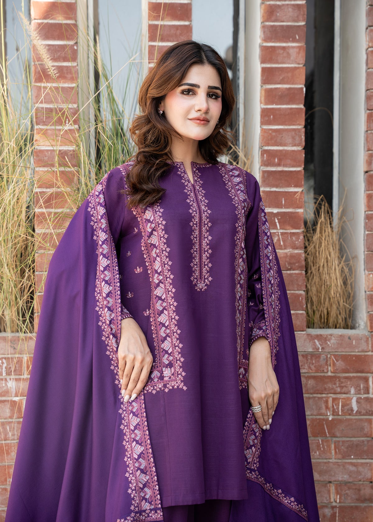 Purple Embroidered Wool Shawl