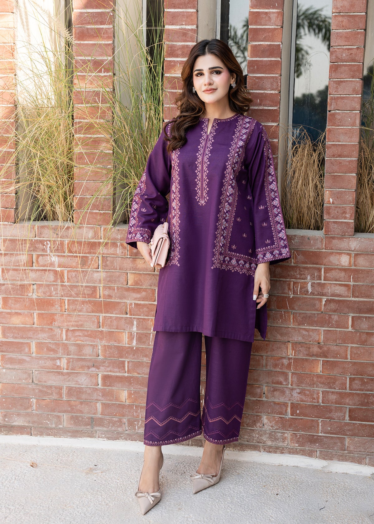 Plum Purple Embroidered Khaddar Suit
