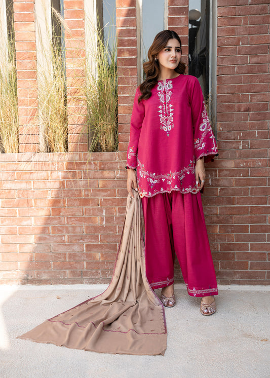 Raspberry Pink Embroidered Khaddar Suit