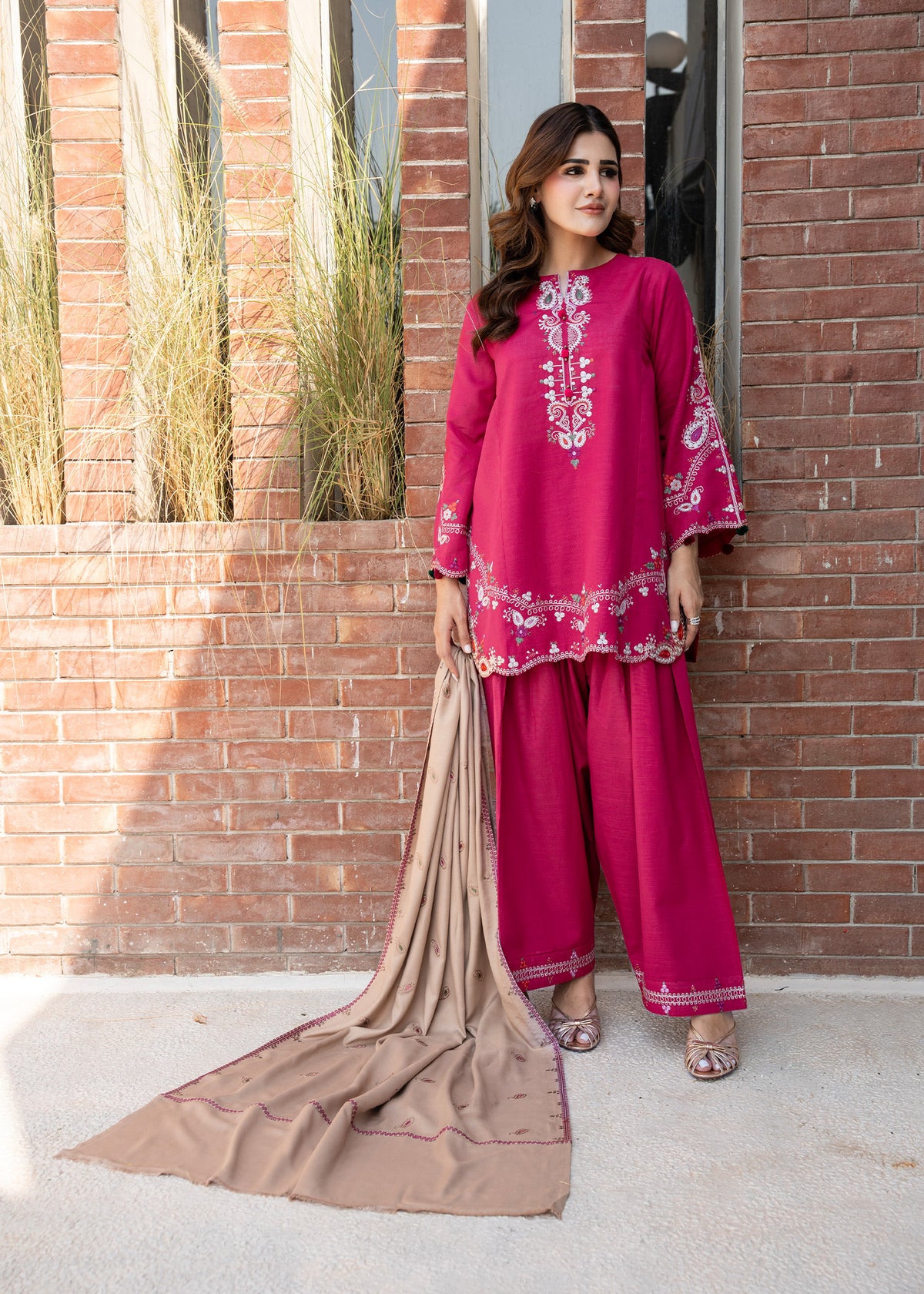 Beige Embroidered Wool Shawl