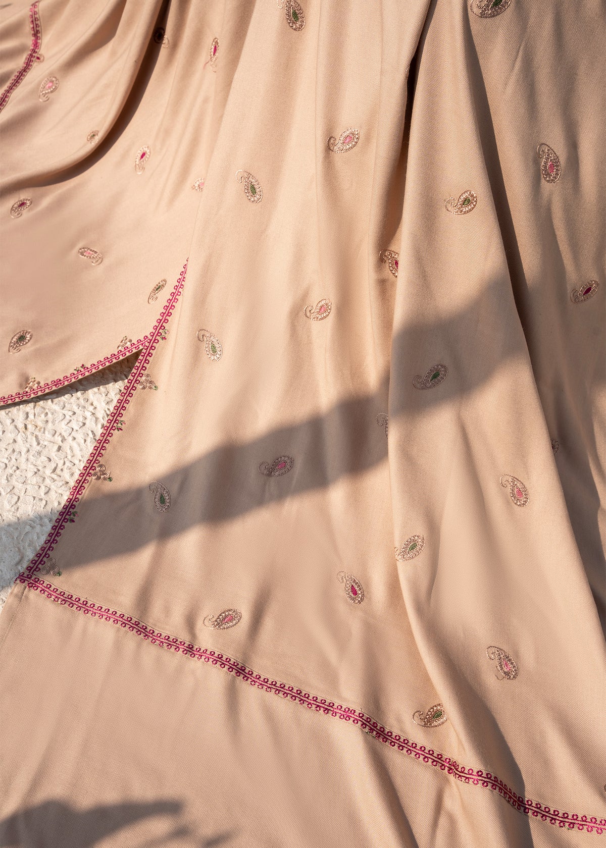Beige Embroidered Wool Shawl