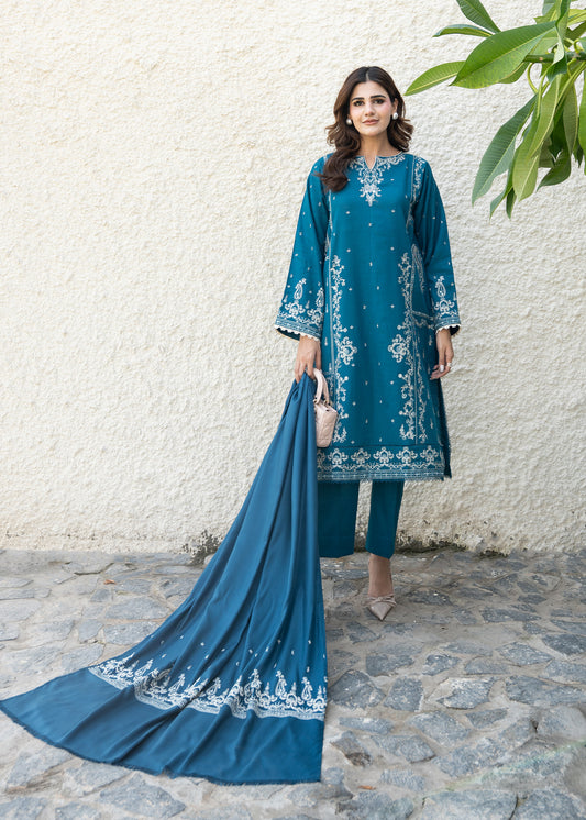 Teal Blue Embroidered Wool Shawl