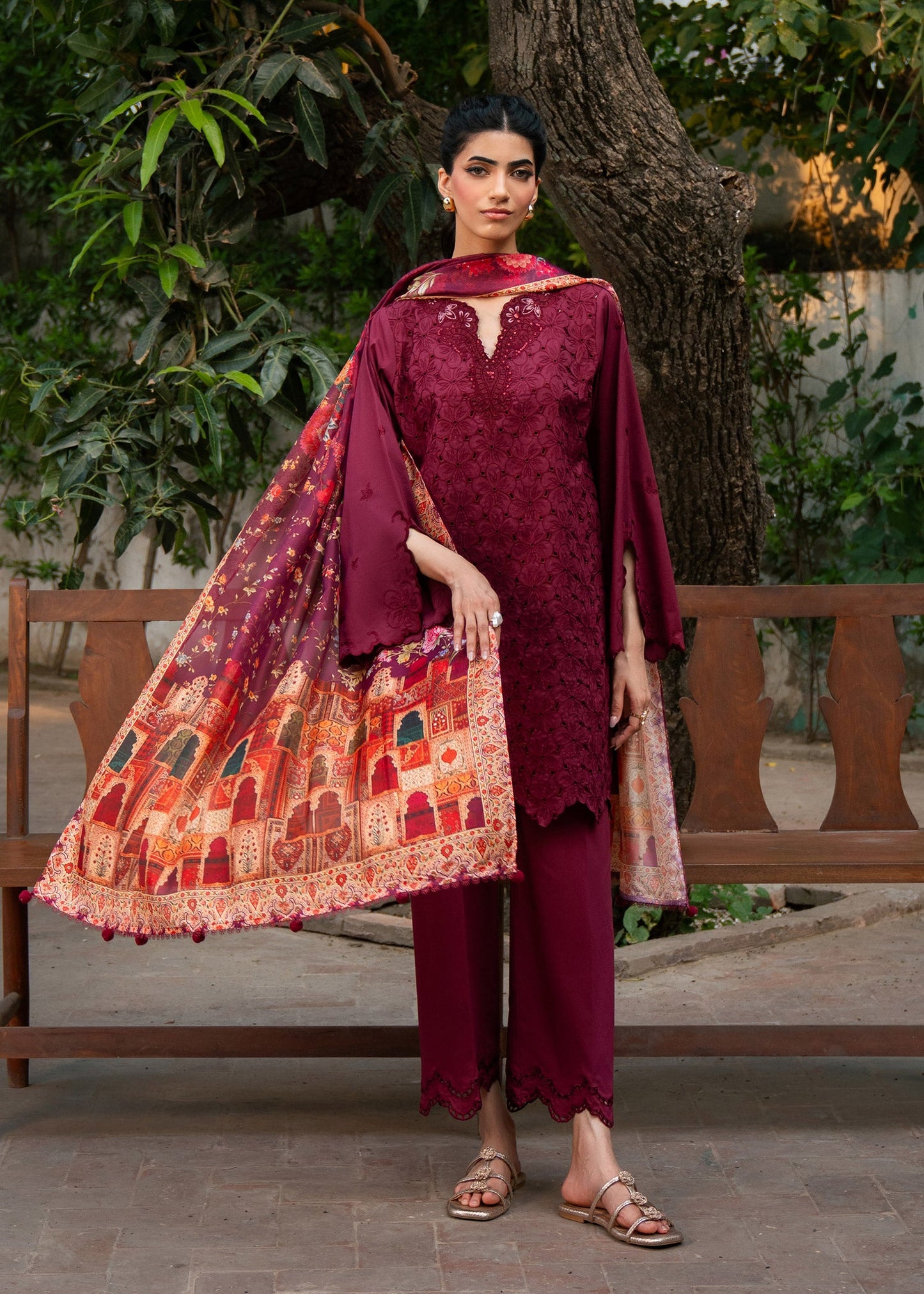 Ana Maroon Festive Lawn