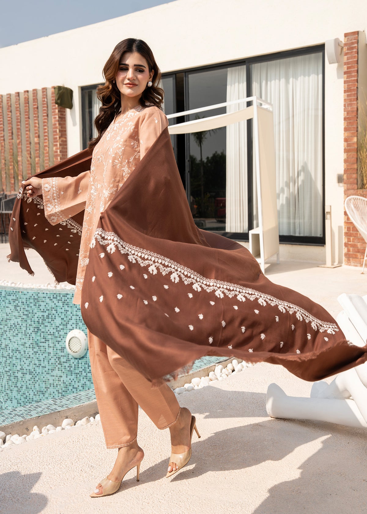Dusty Peach Embroidered Khaddar Suit