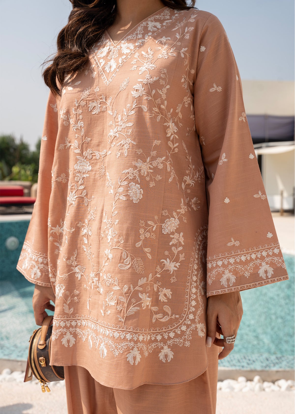 Dusty Peach Embroidered Khaddar Suit