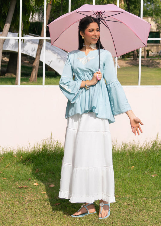 Sky Blue Embroidered Skirt Suit