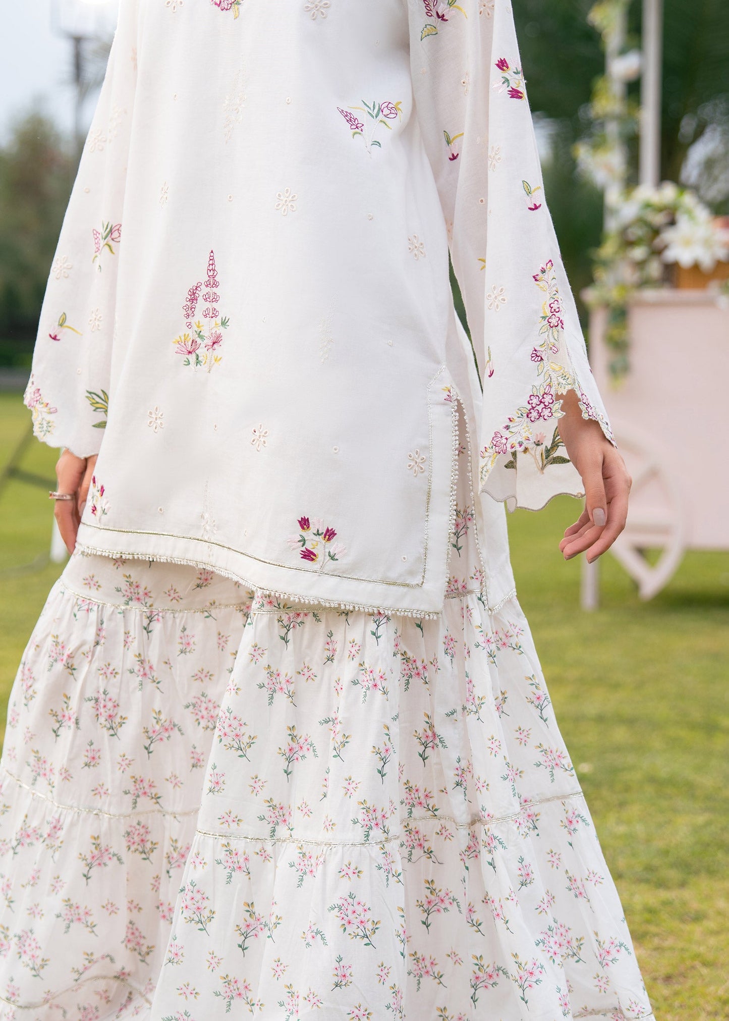 White Printed Embroidered Suit