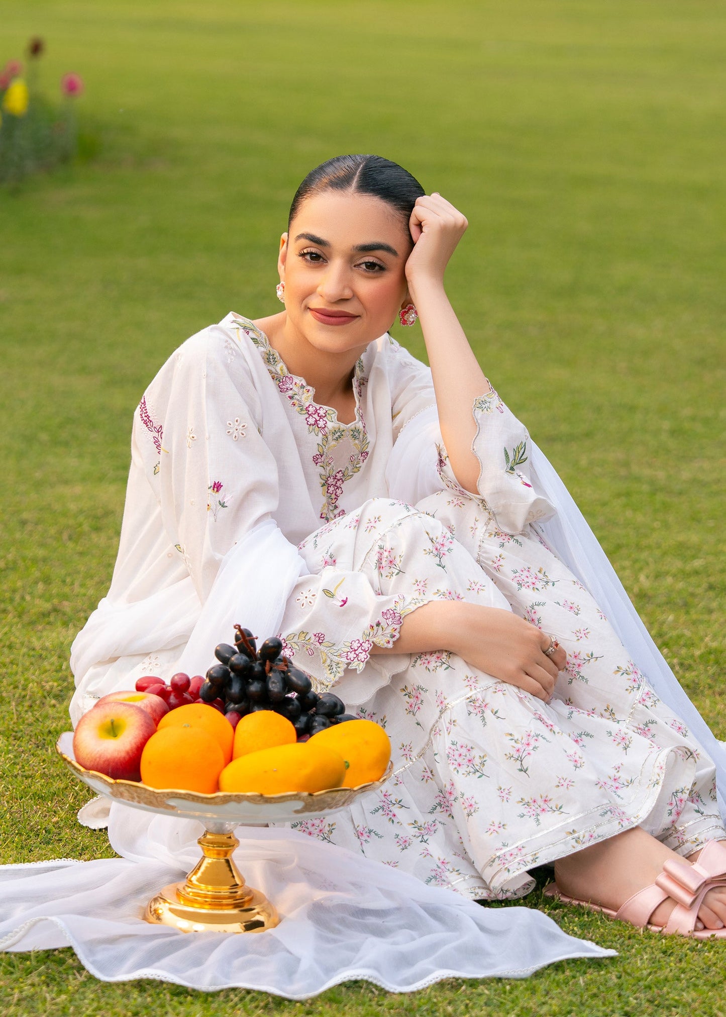 White Printed Embroidered Suit