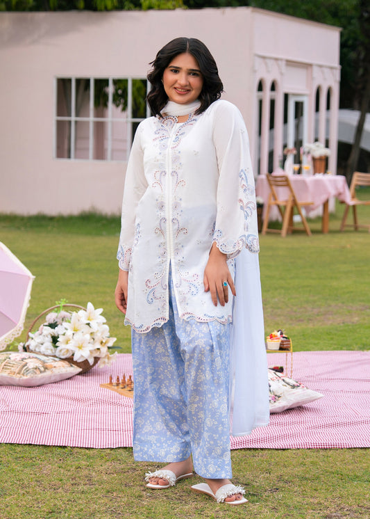 Lilac Printed Embroidered Suit