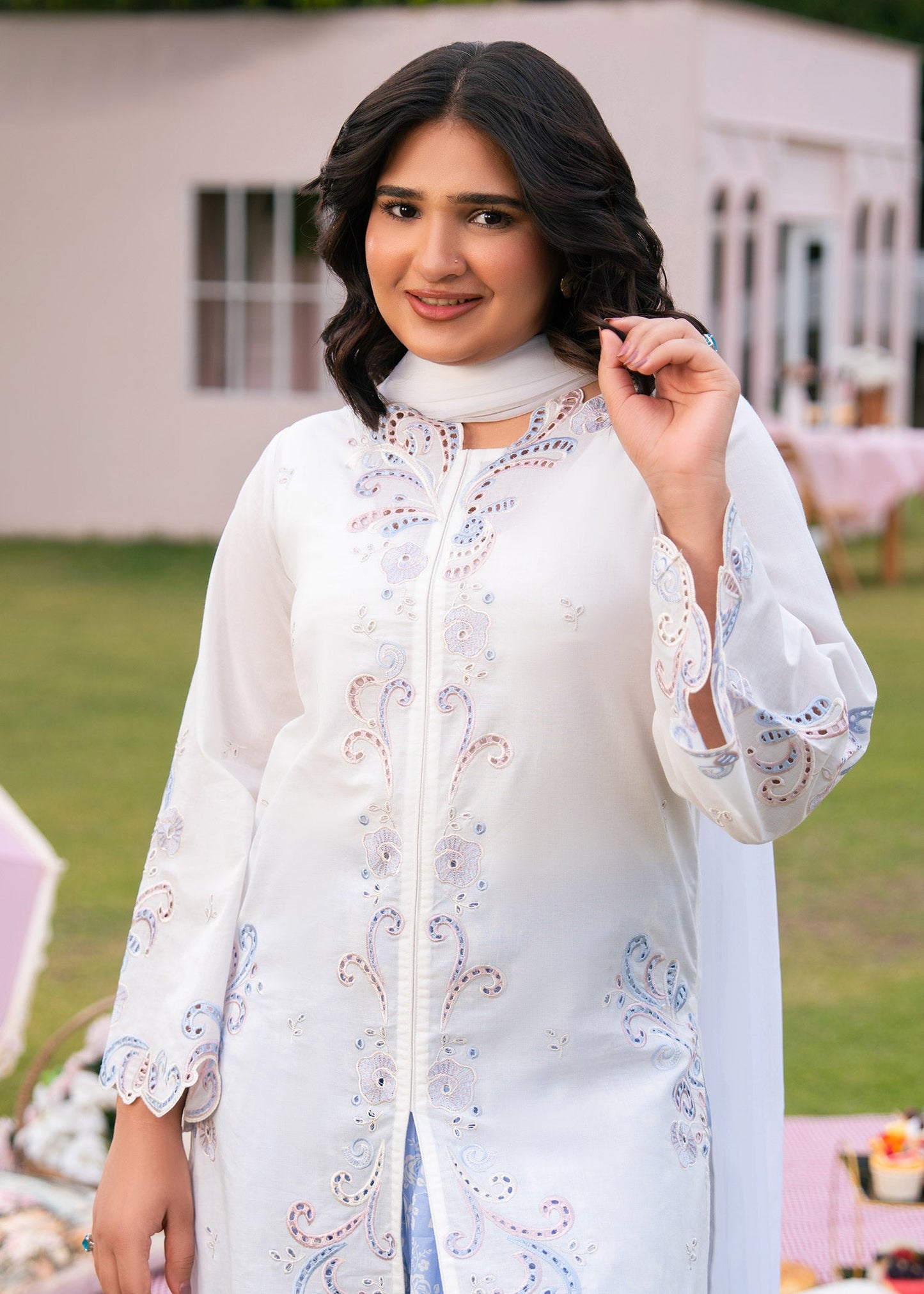Lilac Printed Embroidered Suit